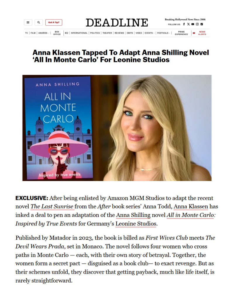 Anna Klassen tapped to adapt Anna Shilling novel All in Monte Carlo for Leonine Studios